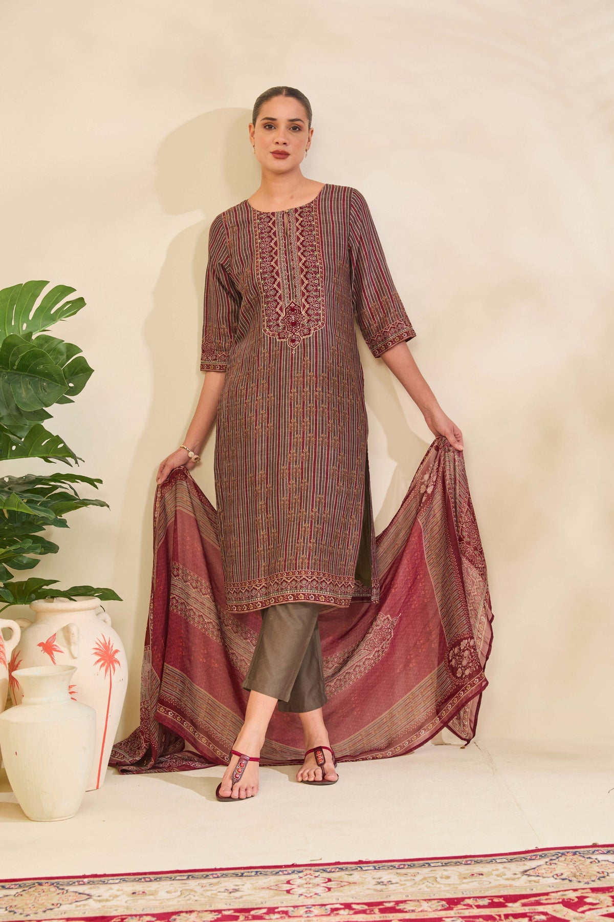 Olive Maroon Muslin Kurta Set with Striped Ethnic Print - Mokshaa
