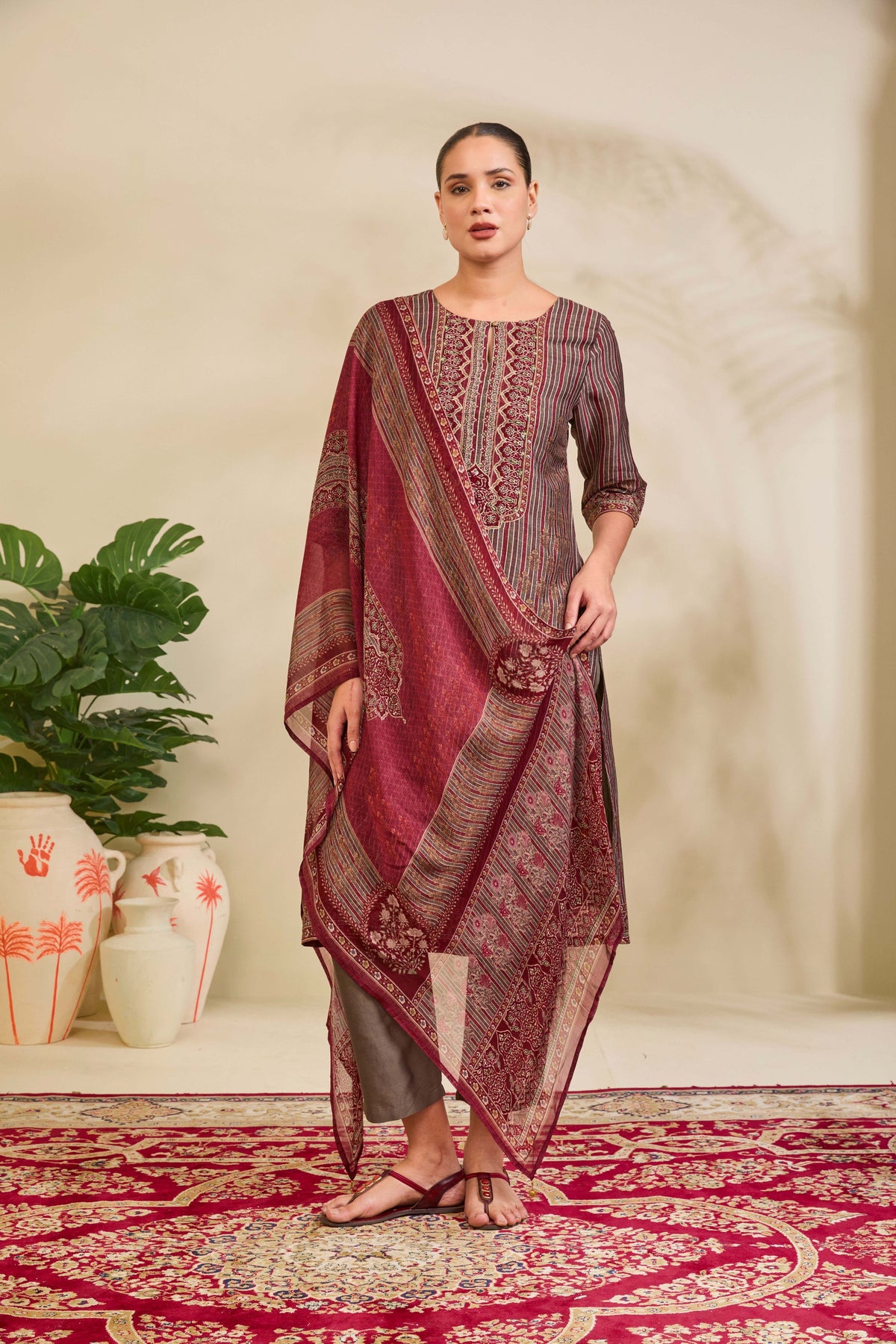 Olive Maroon Muslin Kurta Set with Striped Ethnic Print - Mokshaa