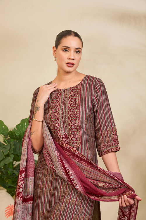 Olive Maroon Muslin Kurta Set with Striped Ethnic Print - Mokshaa