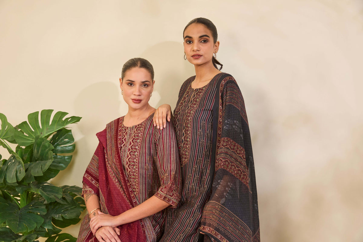 Charcoal Maroon Muslin Kurta Set with Striped Ethnic Print - Mokshaa