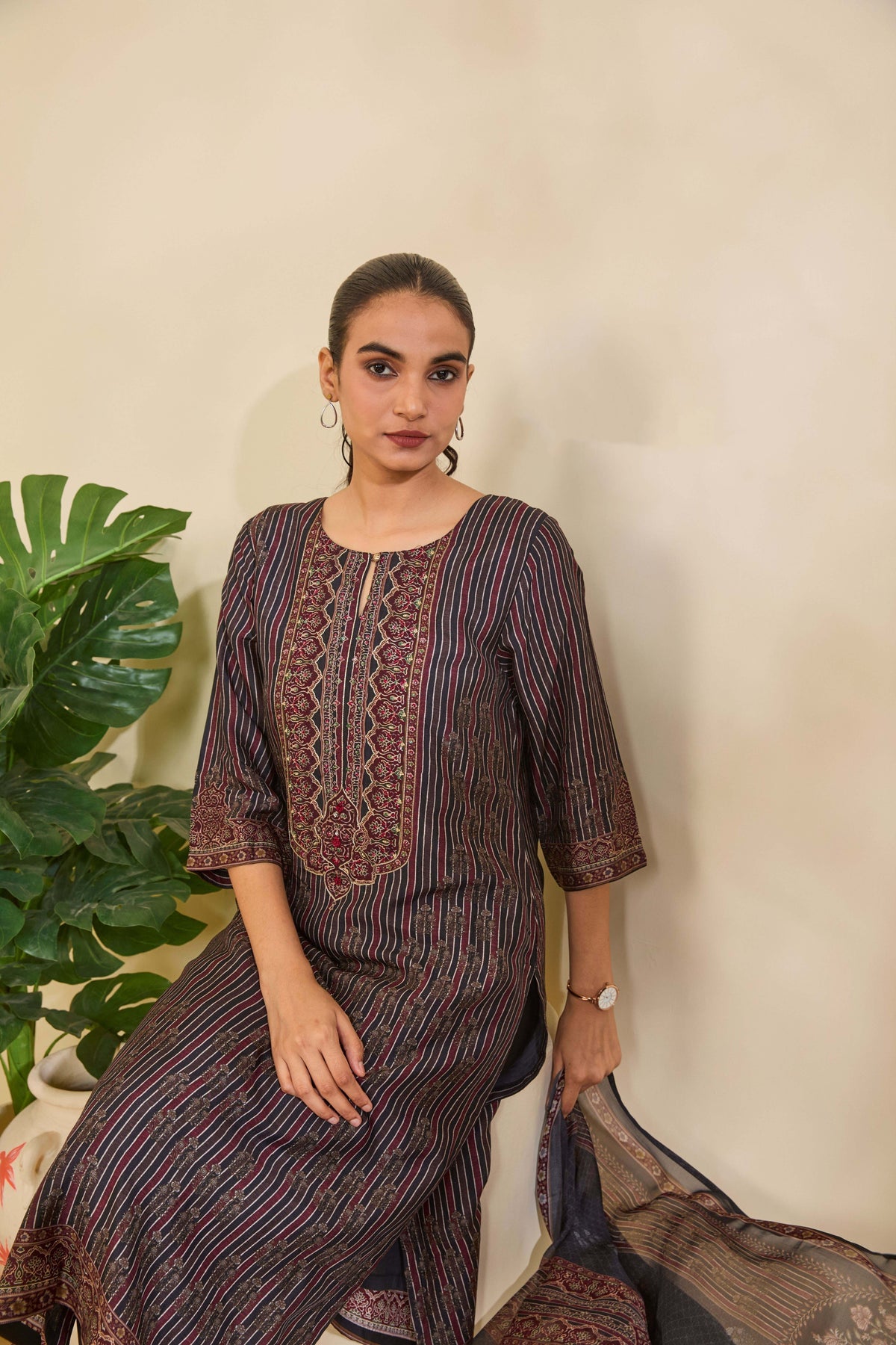 Charcoal Maroon Muslin Kurta Set with Striped Ethnic Print - Mokshaa