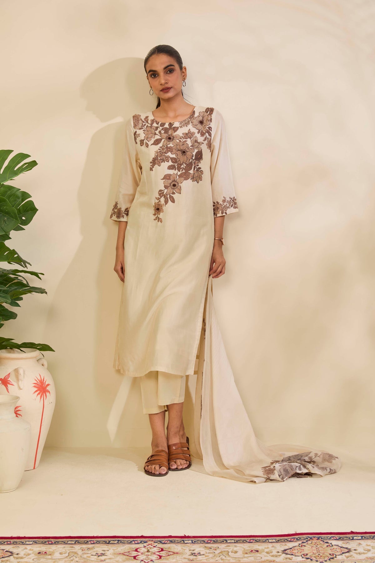 Ivory Muslin Kurta Set with Sepia Floral Print and Highlights - Mokshaa