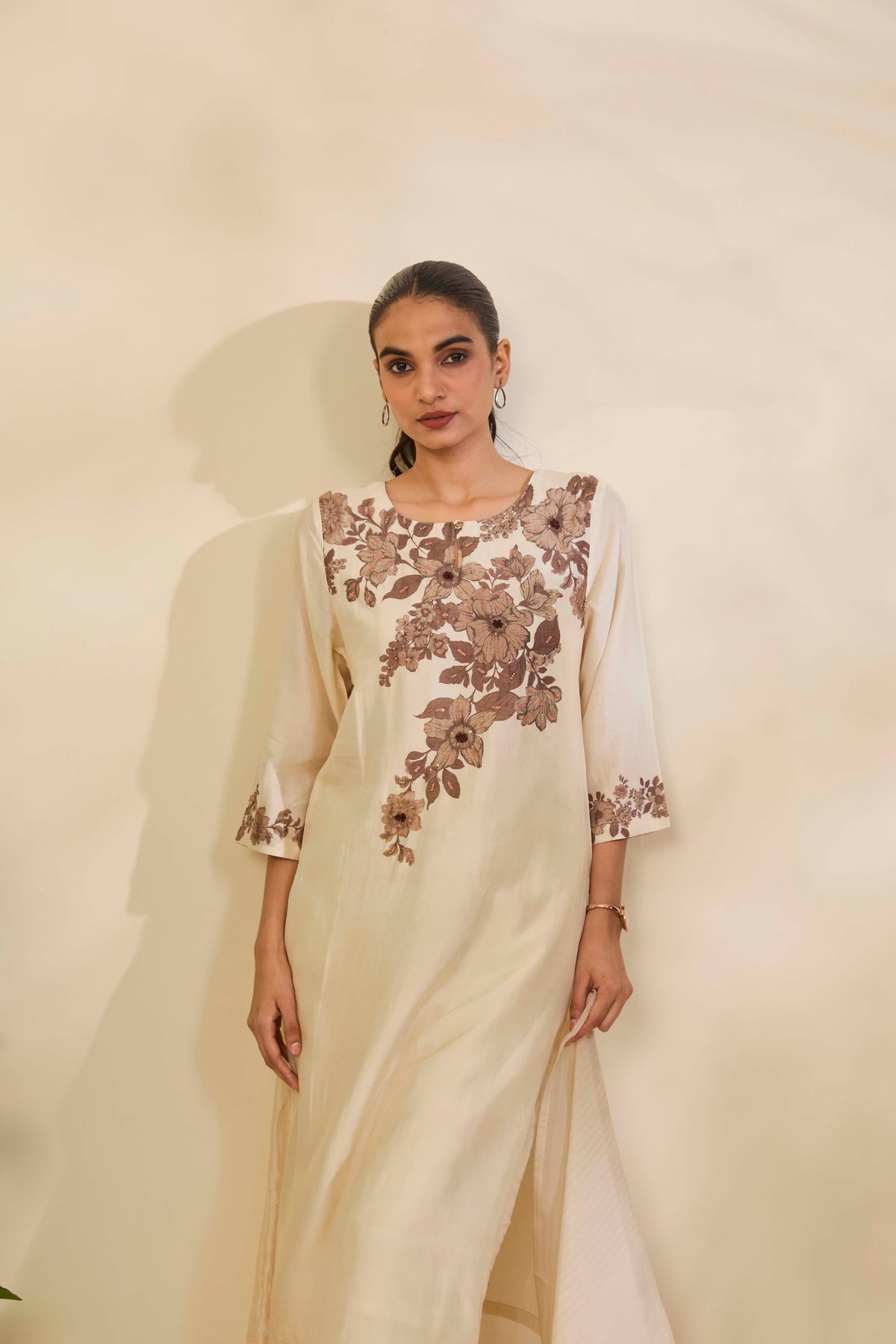 Ivory Muslin Kurta Set with Sepia Floral Print and Highlights - Mokshaa