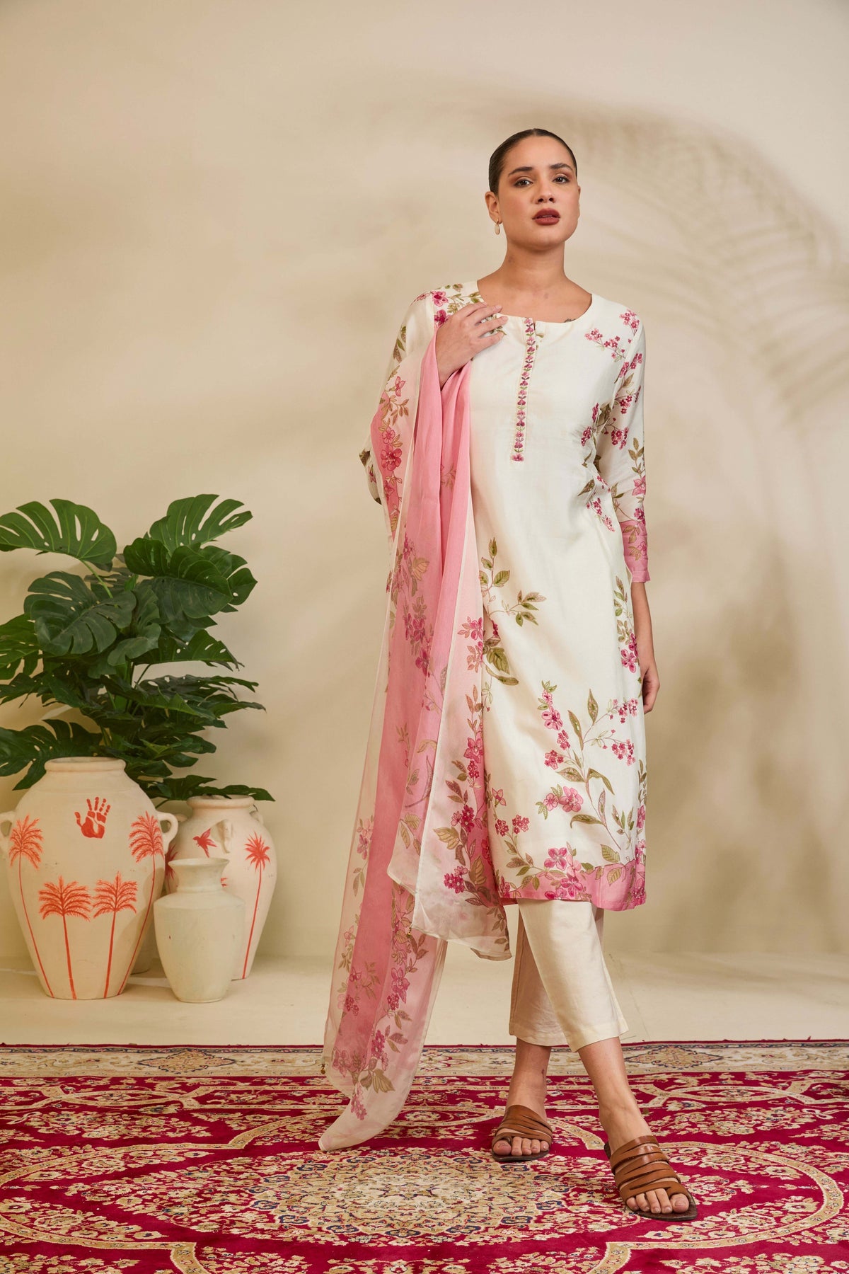 Ivory Muslin Kurta Set with Pink Floral Print and Highlights - Mokshaa
