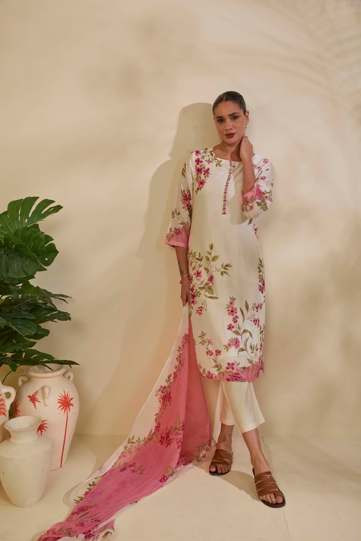 Ivory Muslin Kurta Set with Pink Floral Print and Highlights - Mokshaa