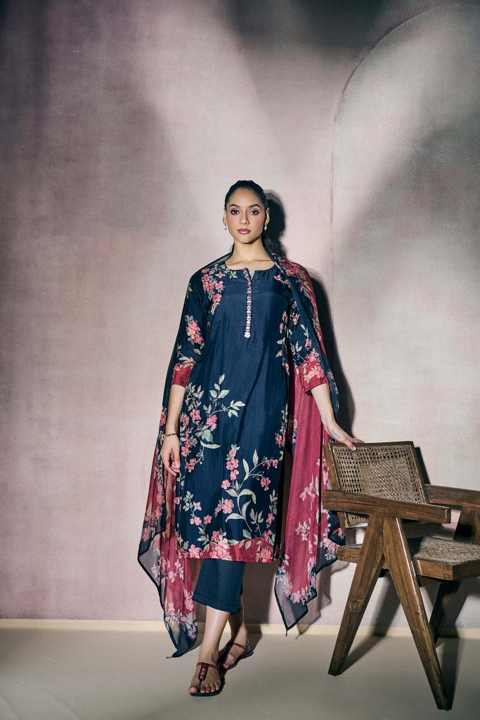 Navy Blue Muslin Kurta Set with Pink Floral Print and Highlights - Mokshaa