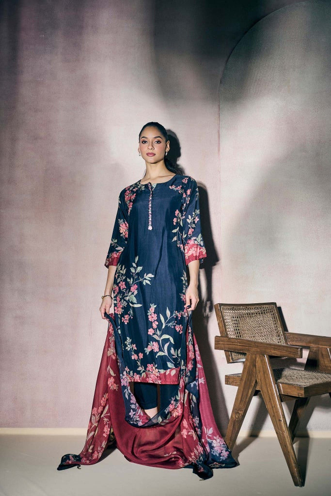 Navy Blue Muslin Kurta Set with Pink Floral Print and Highlights - Mokshaa