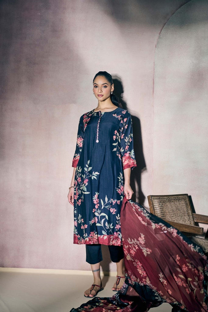 Navy Blue Muslin Kurta Set with Pink Floral Print and Highlights - Mokshaa
