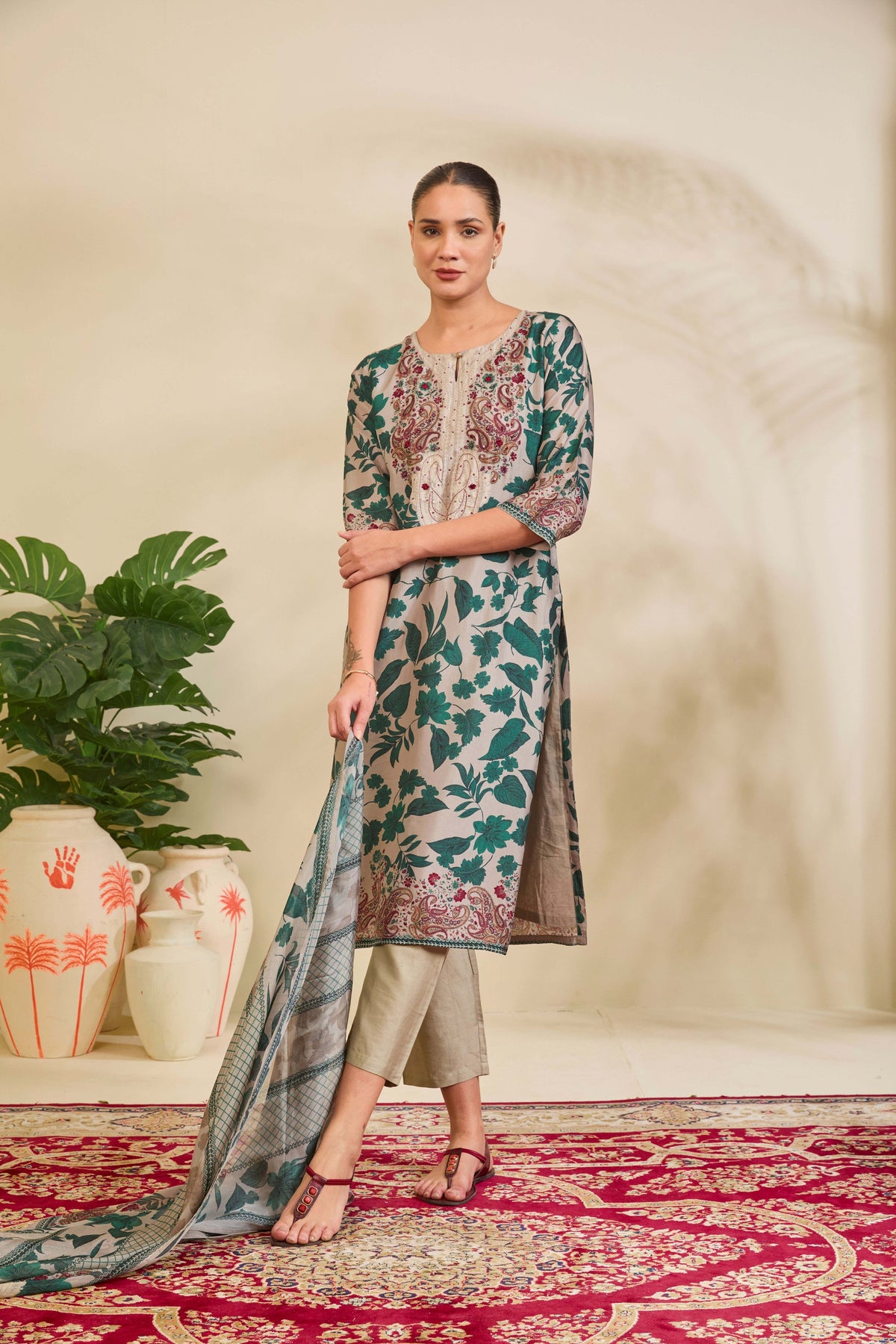 Taupe Grey Muslin Kurta Set with Botanical Print and Embroidery - Mokshaa