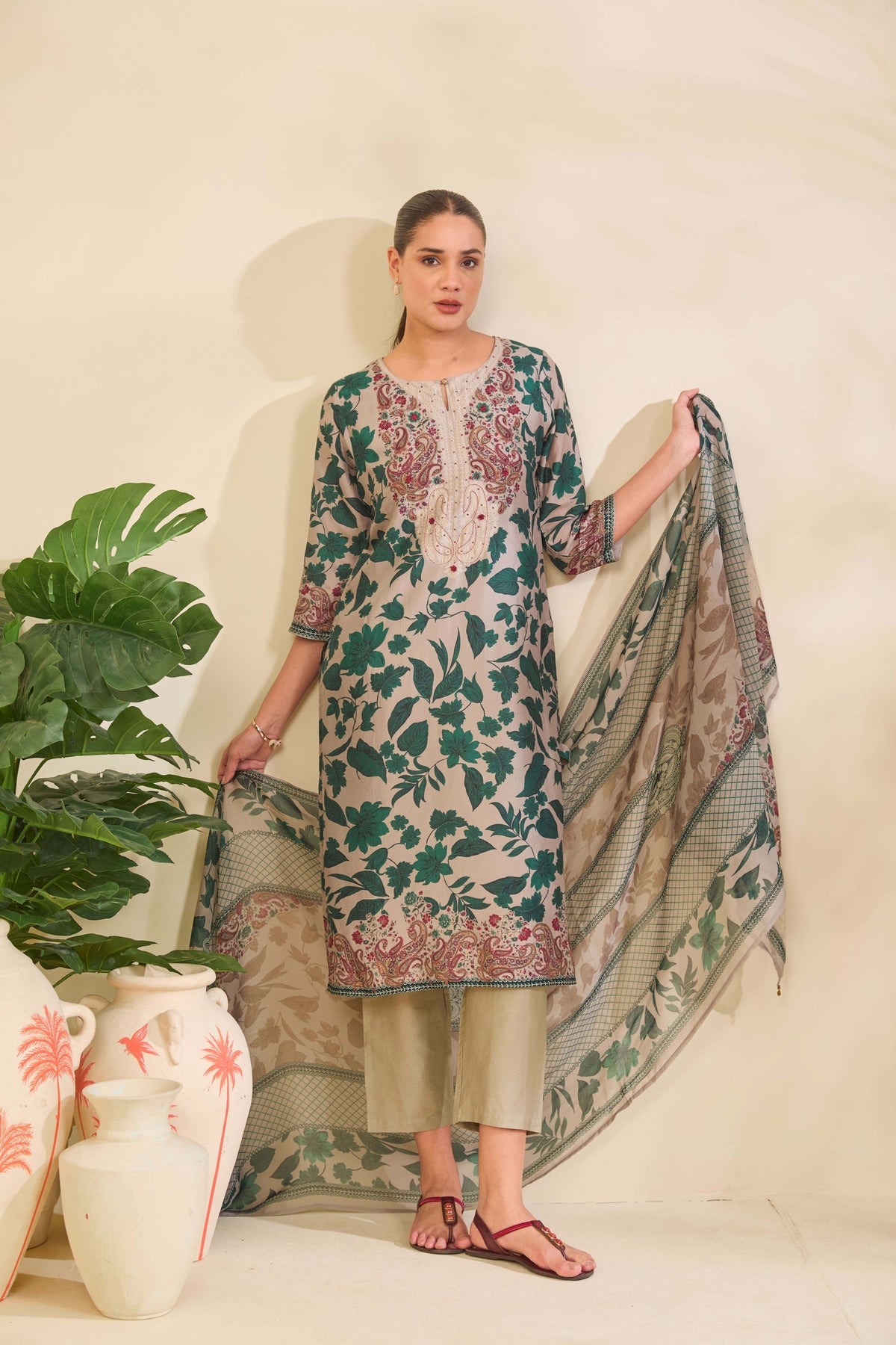 Taupe Grey Muslin Kurta Set with Botanical Print and Embroidery - Mokshaa