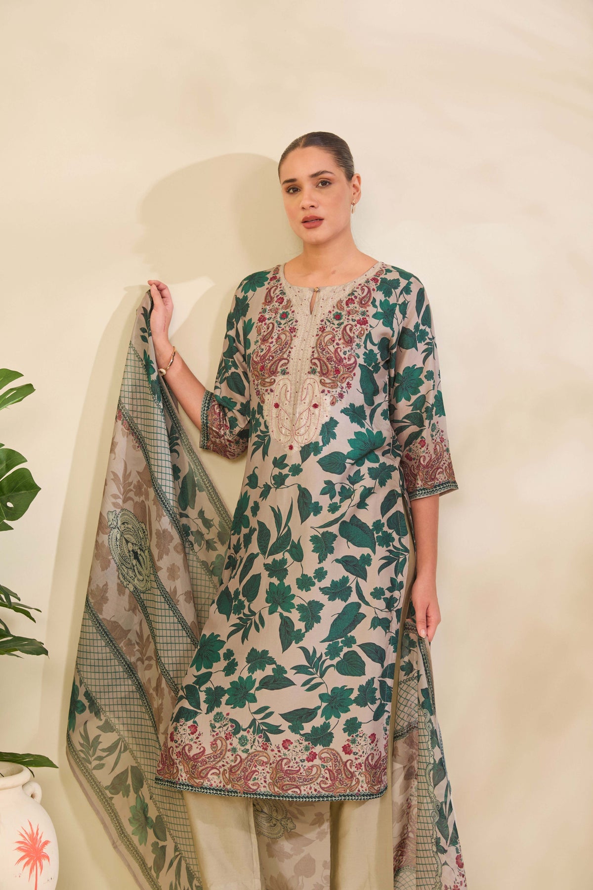 Taupe Grey Muslin Kurta Set with Botanical Print and Embroidery - Mokshaa