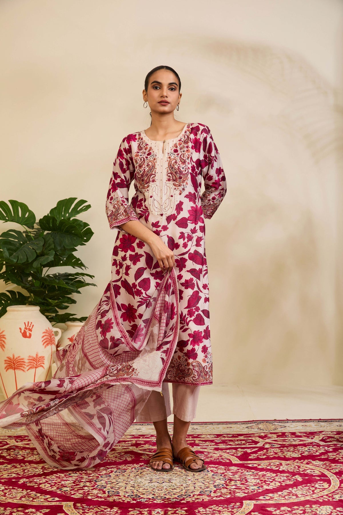 Blush Beige Muslin Kurta Set with Botanical Print and Embroidery - Mokshaa