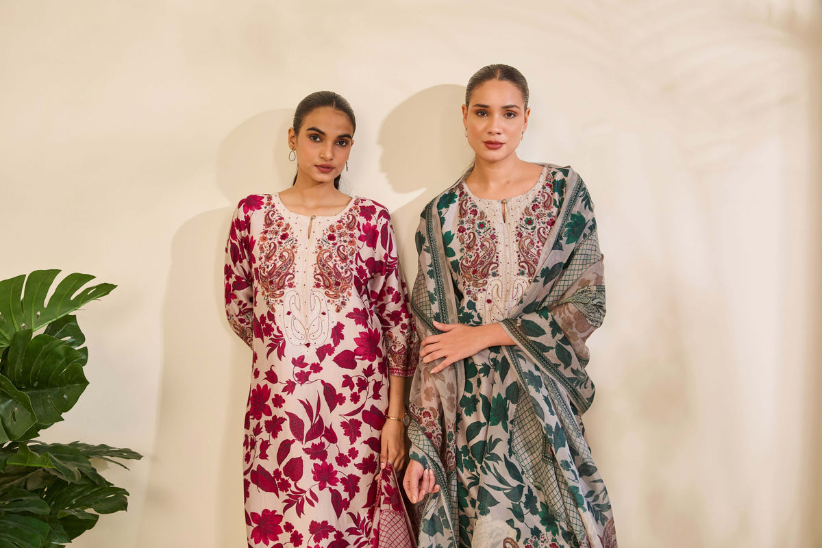 Blush Beige Muslin Kurta Set with Botanical Print and Embroidery - Mokshaa