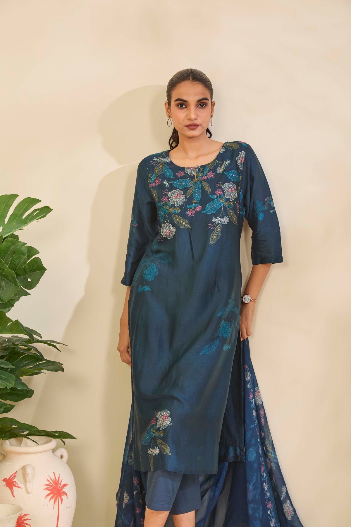 Petrol Teal Muslin Kurta Set with Floral Print and Highlights - Mokshaa