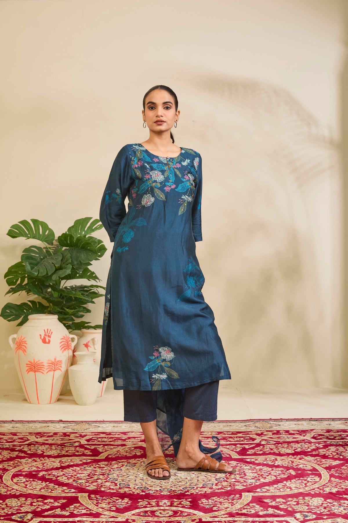 Petrol Teal Muslin Kurta Set with Floral Print and Highlights - Mokshaa