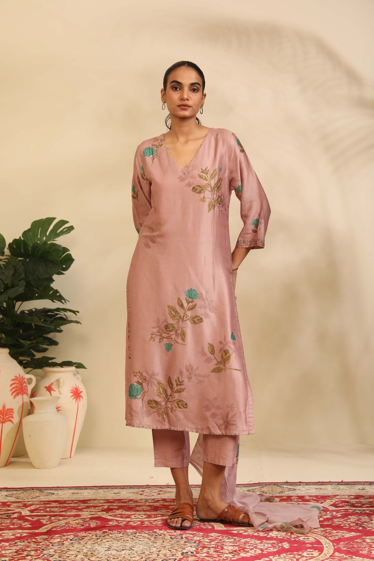 Dusty Mauve Muslin Kurta Set with Floral Print and Highlights - Mokshaa