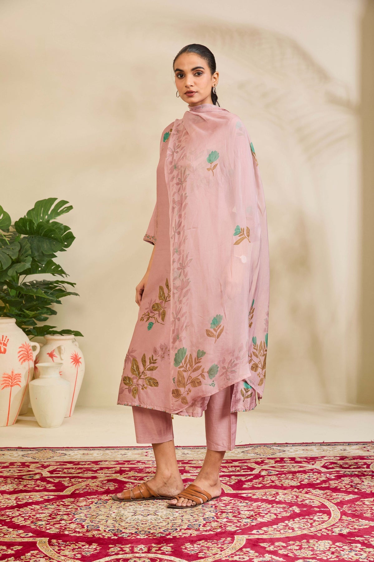 Dusty Mauve Muslin Kurta Set with Floral Print and Highlights - Mokshaa
