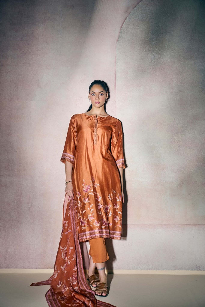 Rust Copper Silk Kurta Set with Floral Print and Highlights - Mokshaa