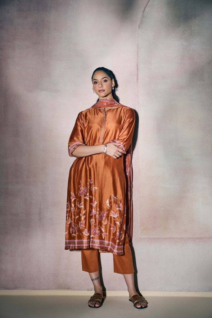 Rust Copper Silk Kurta Set with Floral Print and Highlights - Mokshaa