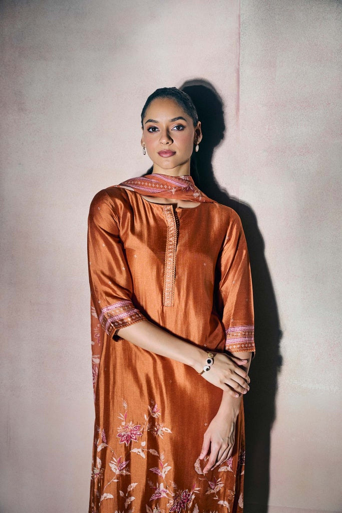Rust Copper Silk Kurta Set with Floral Print and Highlights - Mokshaa