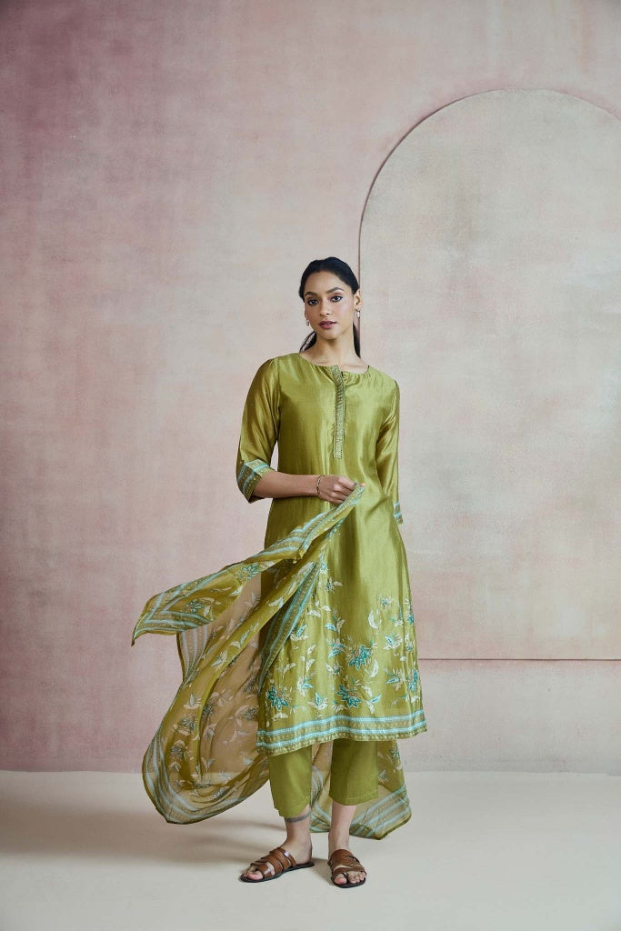 Olive Green Silk Kurta Set with Floral Print and Highlights - Mokshaa