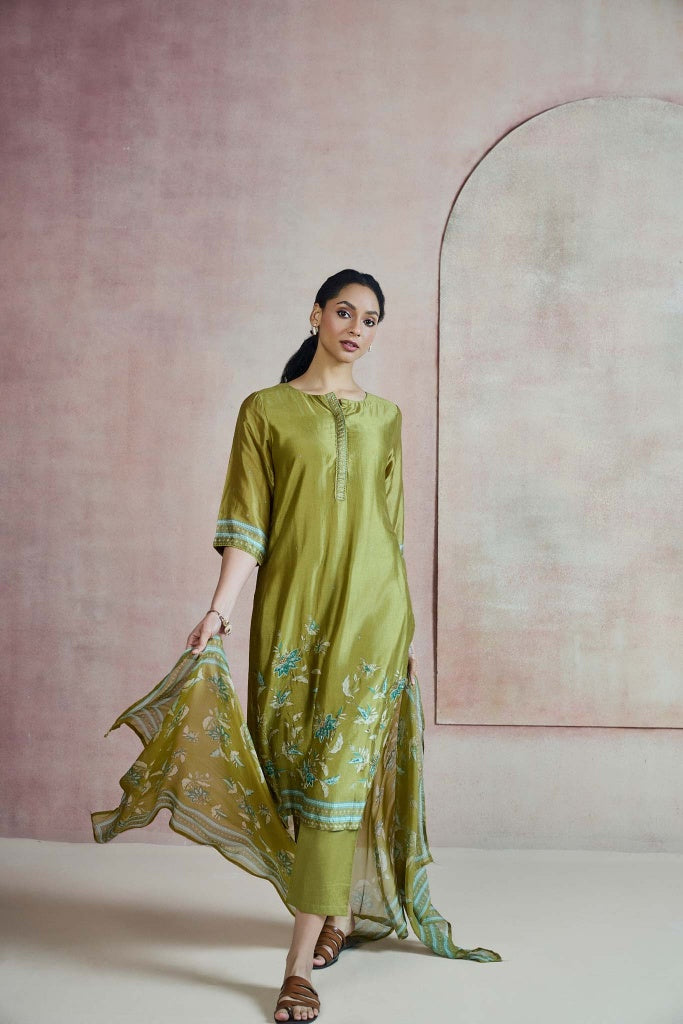 Olive Green Silk Kurta Set with Floral Print and Highlights - Mokshaa