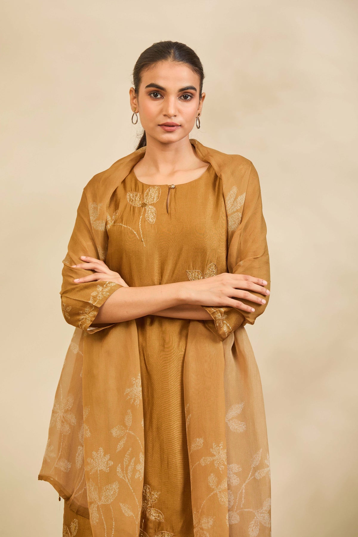 Golden Ochre Muslin Kurta Set with Floral Print and Highlights - Mokshaa