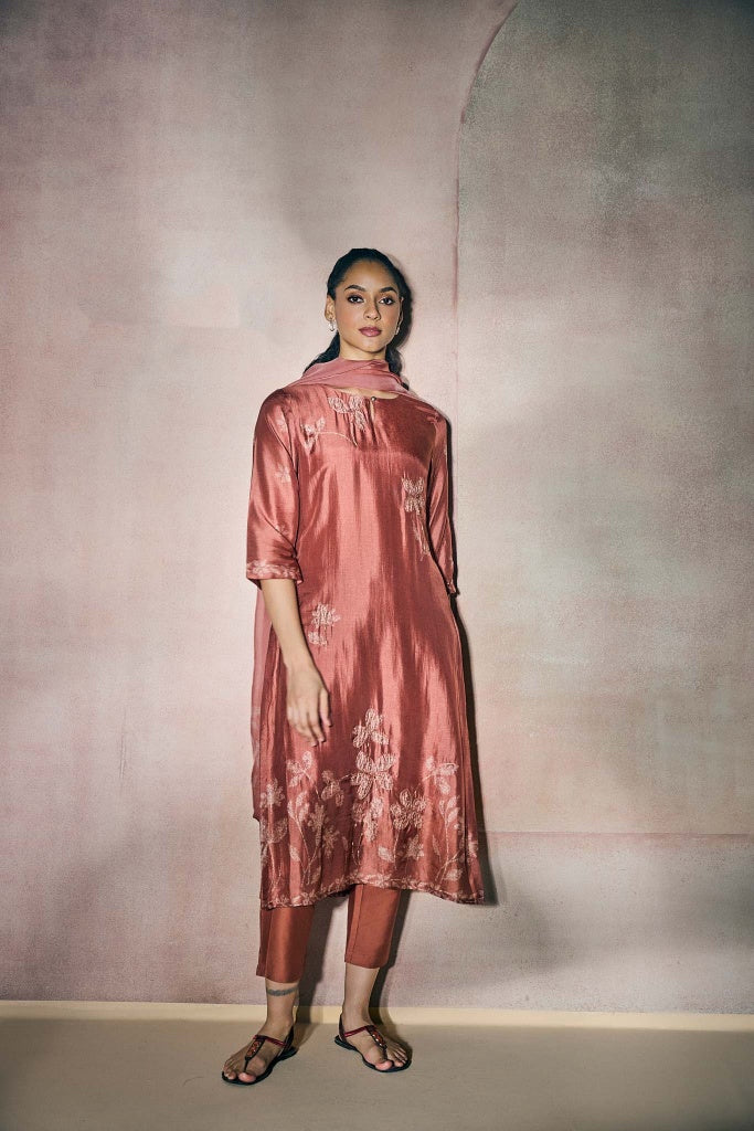 Rosewood Pink Muslin Kurta Set with Floral Print and Highlights - Mokshaa