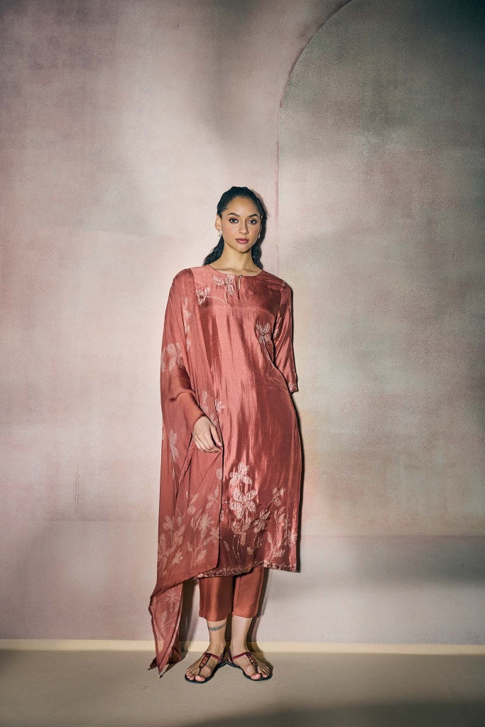 Rosewood Pink Muslin Kurta Set with Floral Print and Highlights - Mokshaa