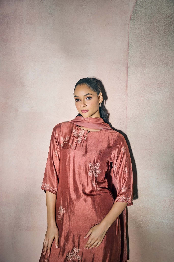 Rosewood Pink Muslin Kurta Set with Floral Print and Highlights - Mokshaa