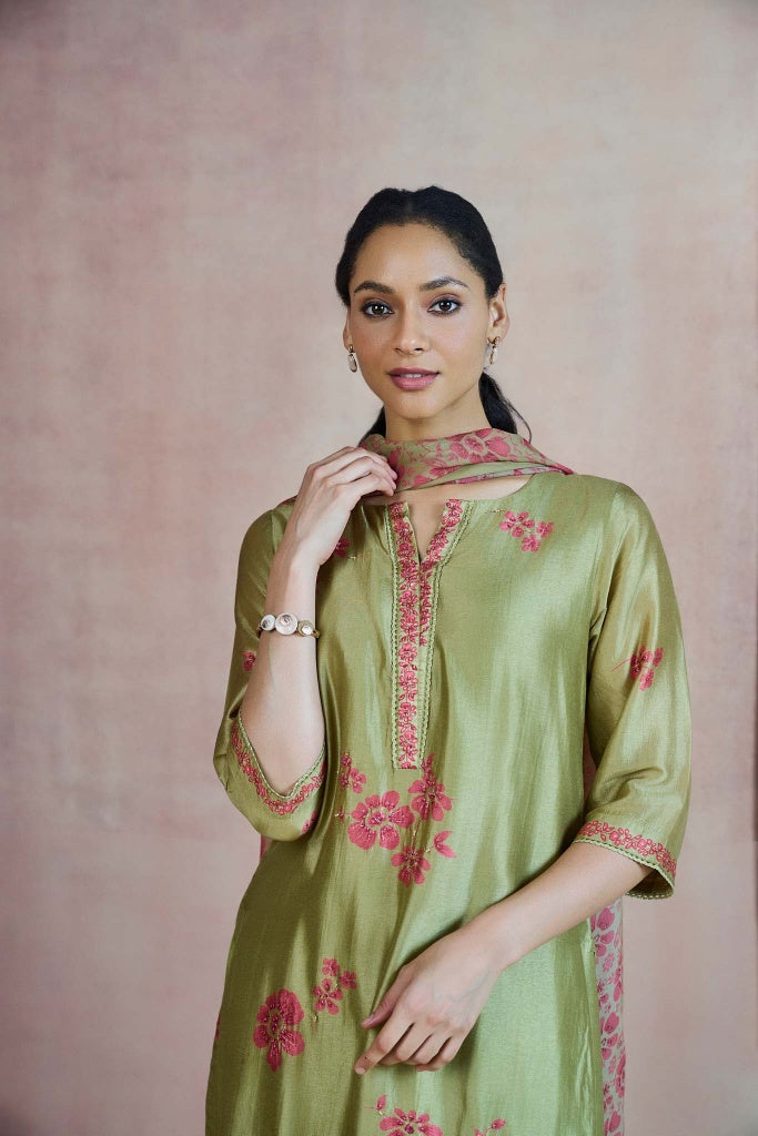 Moss Green Silk Kurta Set with Floral Thread Embroidery - Mokshaa