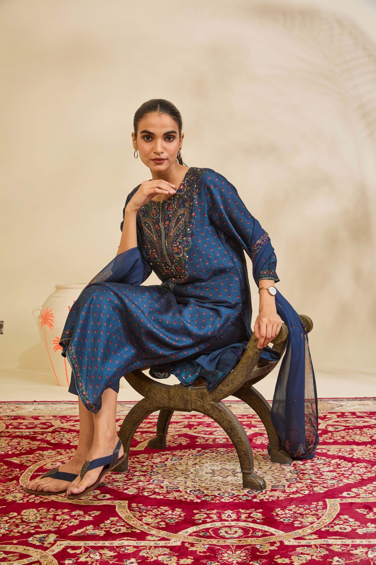 Teal Blue Printed Silk Kurta Set with Paisley Thread Embroidery - Mokshaa