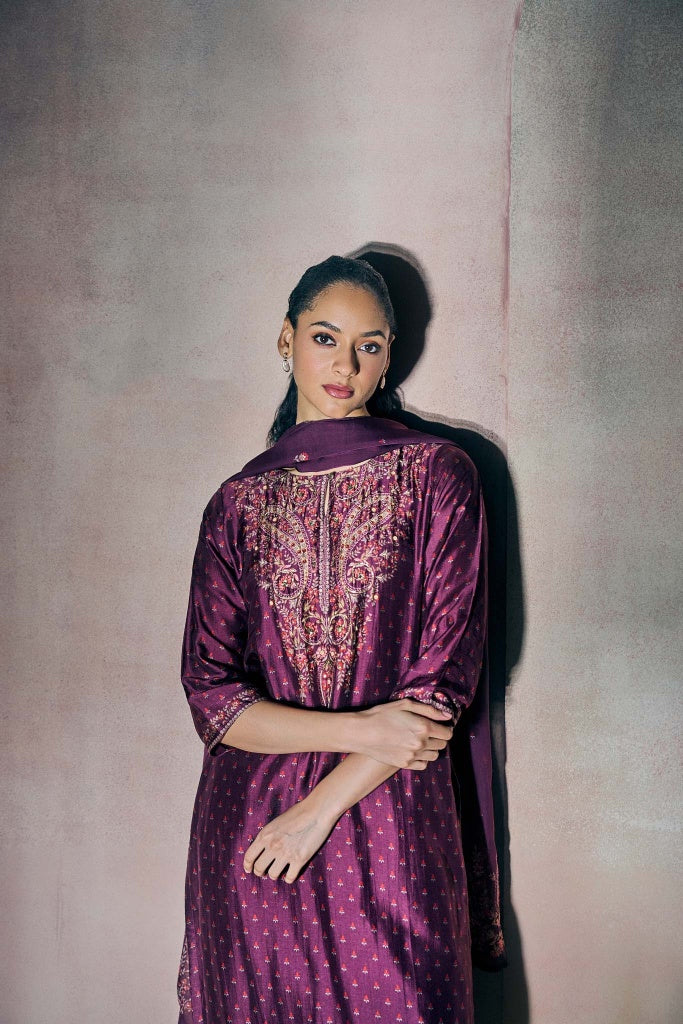 Plum Printed Silk Kurta Set with Paisley Thread Embroidery - Mokshaa