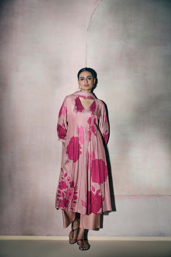 Dusty Rose Floral Printed Anarkali Kurta Set with Pintuck Detailing - Mokshaa