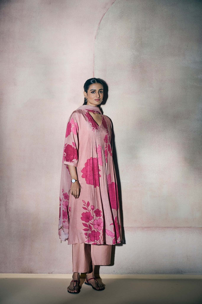 Dusty Rose Floral Printed Anarkali Kurta Set with Pintuck Detailing - Mokshaa