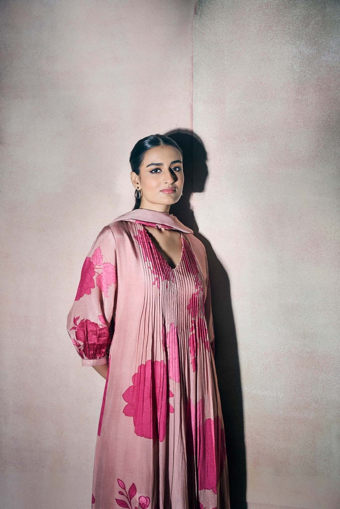 Dusty Rose Floral Printed Anarkali Kurta Set with Pintuck Detailing - Mokshaa