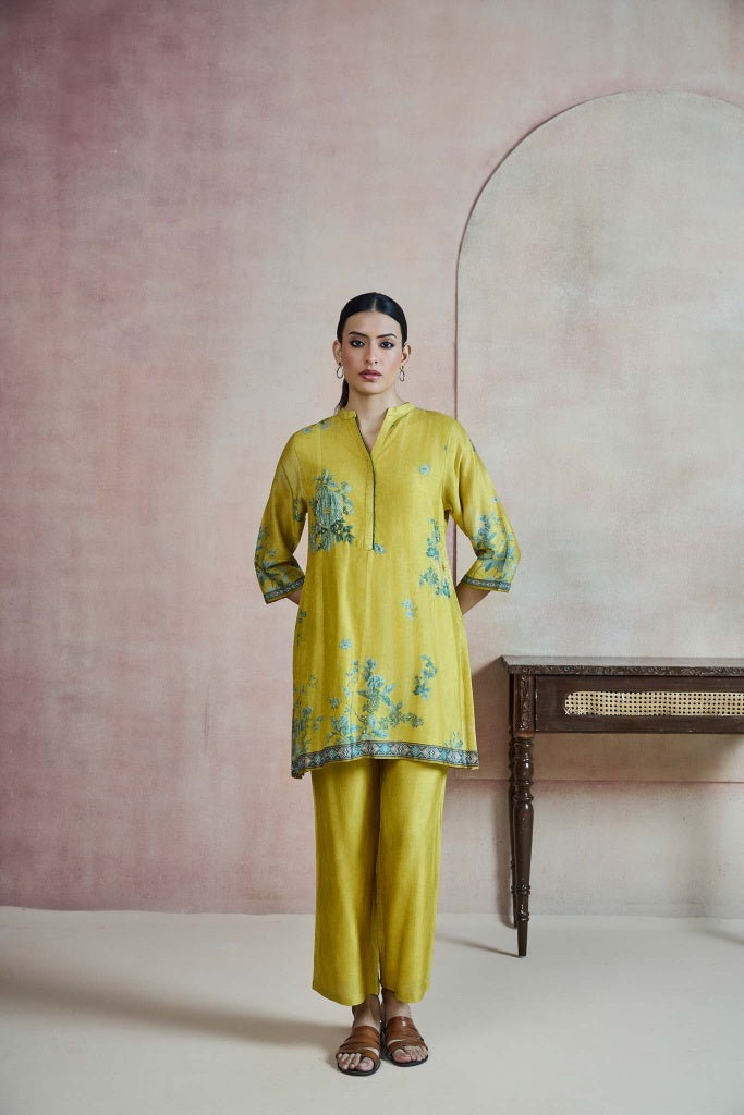 Mustard Green Printed Silk Co-ord Set with Floral Border - Mokshaa