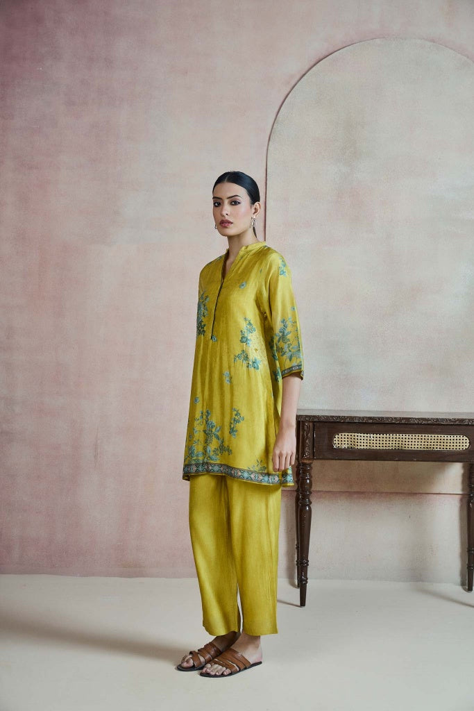 Mustard Green Printed Silk Co-ord Set with Floral Border - Mokshaa