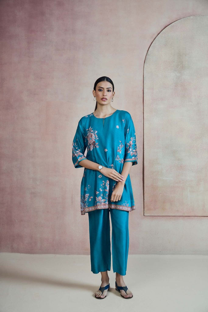 Peacock Blue Printed Silk Co-ord Set with Floral Border - Mokshaa