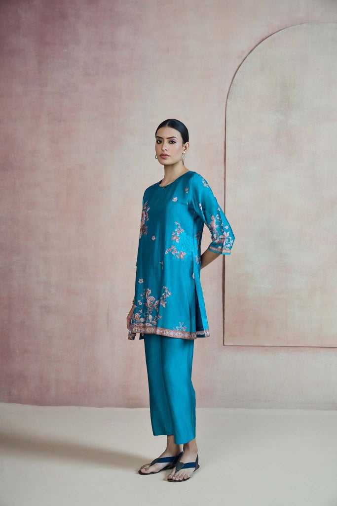 Peacock Blue Printed Silk Co-ord Set with Floral Border - Mokshaa