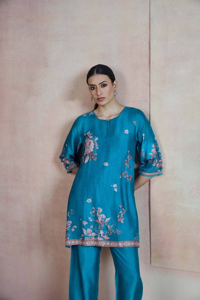 Peacock Blue Printed Silk Co-ord Set with Floral Border - Mokshaa