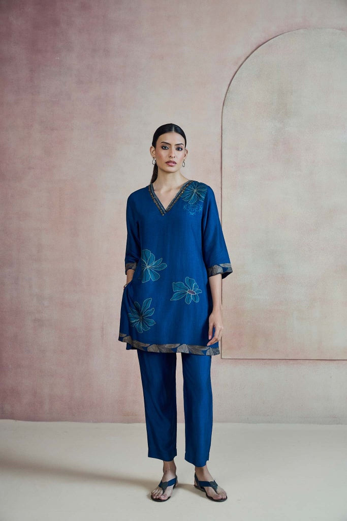 Royal Blue Floral Co-ord Set with Embellished V-Neckline - Mokshaa