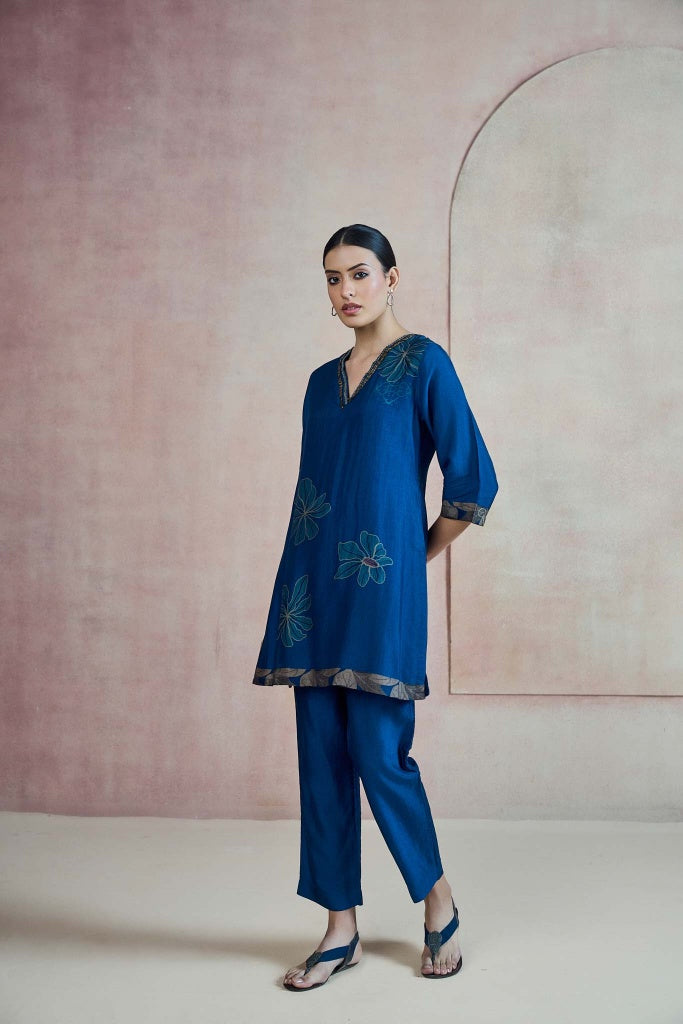 Royal Blue Floral Co-ord Set with Embellished V-Neckline - Mokshaa