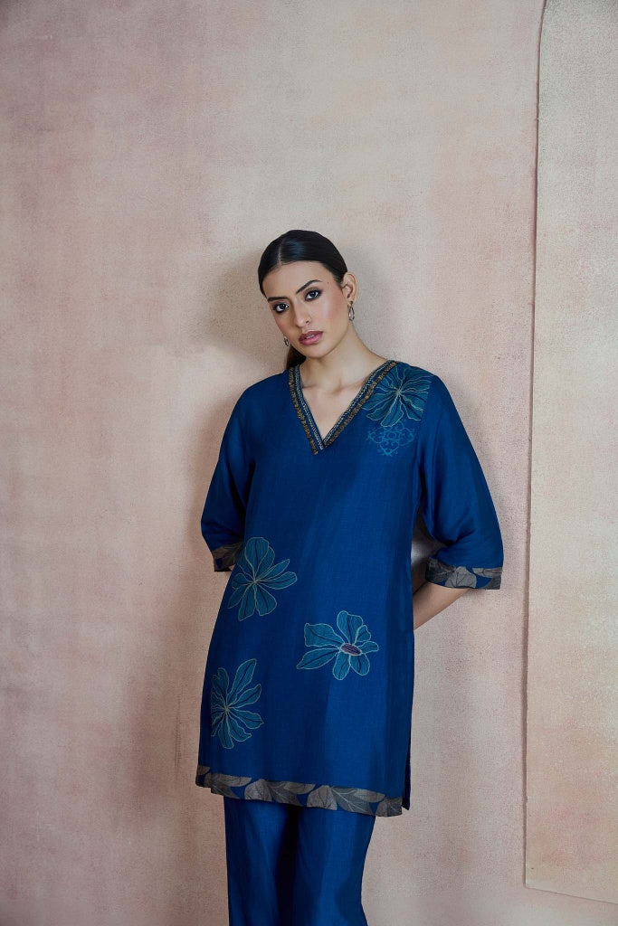 Royal Blue Floral Co-ord Set with Embellished V-Neckline - Mokshaa