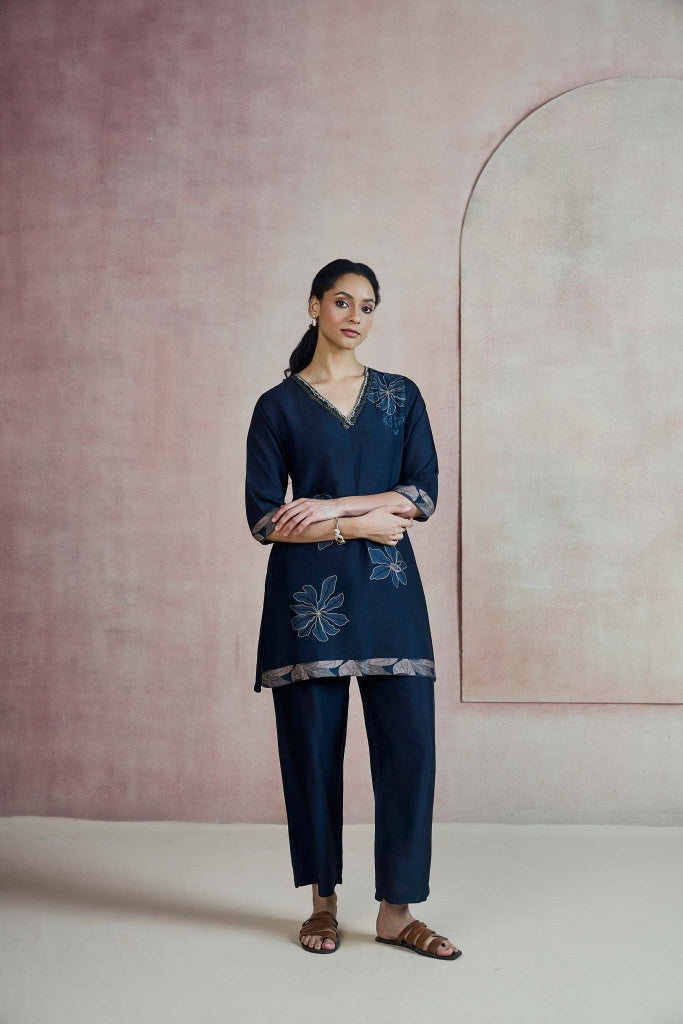 Midnight Navy Floral Co-ord Set with Embellished V-Neckline - Mokshaa