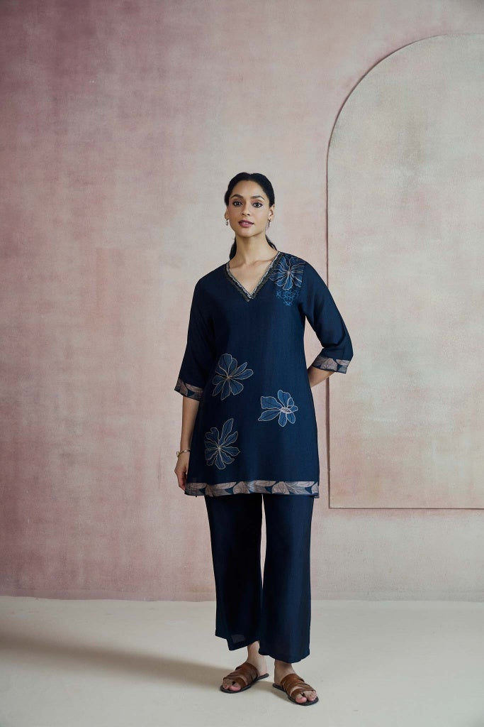 Midnight Navy Floral Co-ord Set with Embellished V-Neckline - Mokshaa