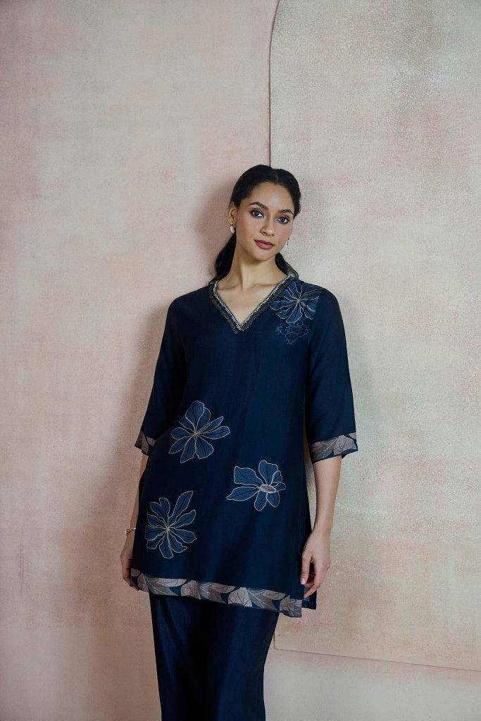 Midnight Navy Floral Co-ord Set with Embellished V-Neckline - Mokshaa