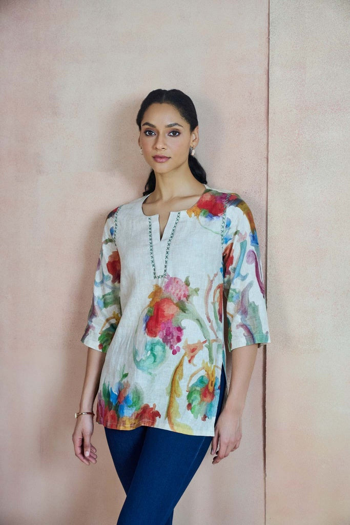 Ivory Linen Top with Watercolour Floral Print - Mokshaa