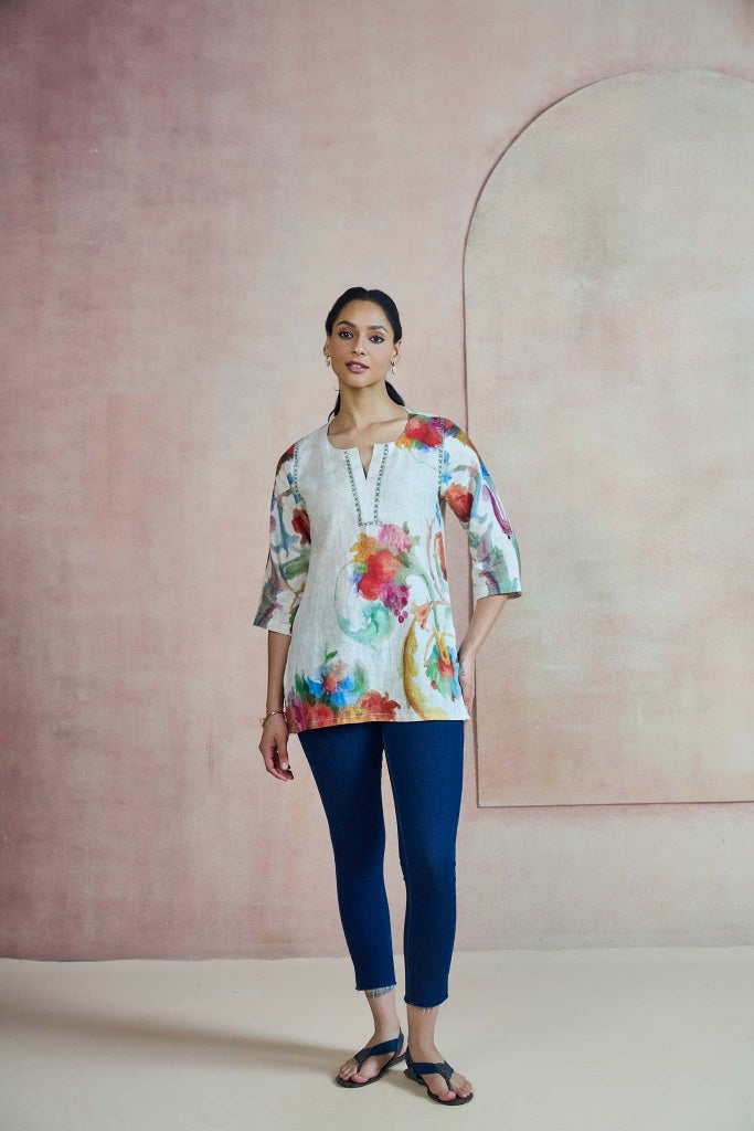 Ivory Linen Top with Watercolour Floral Print - Mokshaa