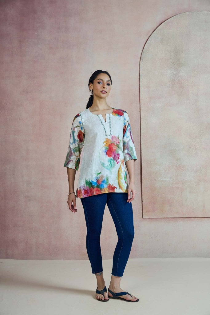 Ivory Linen Top with Watercolour Floral Print - Mokshaa